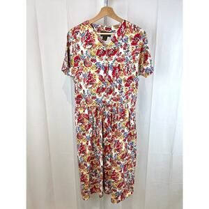 VTG EDDIE BAUER  Petite S PS Floral Dress Short Sleeve V-Neck Cotton Multicolor